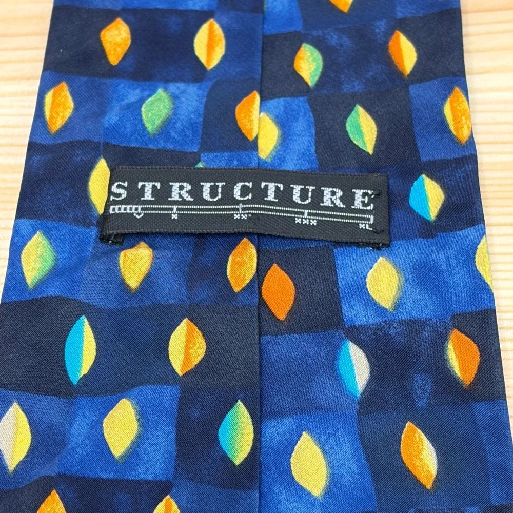 VTG STRUCTURE Silk Tie Men‎ Blue Geometric Leaf Check USA Made Abstract Colorful